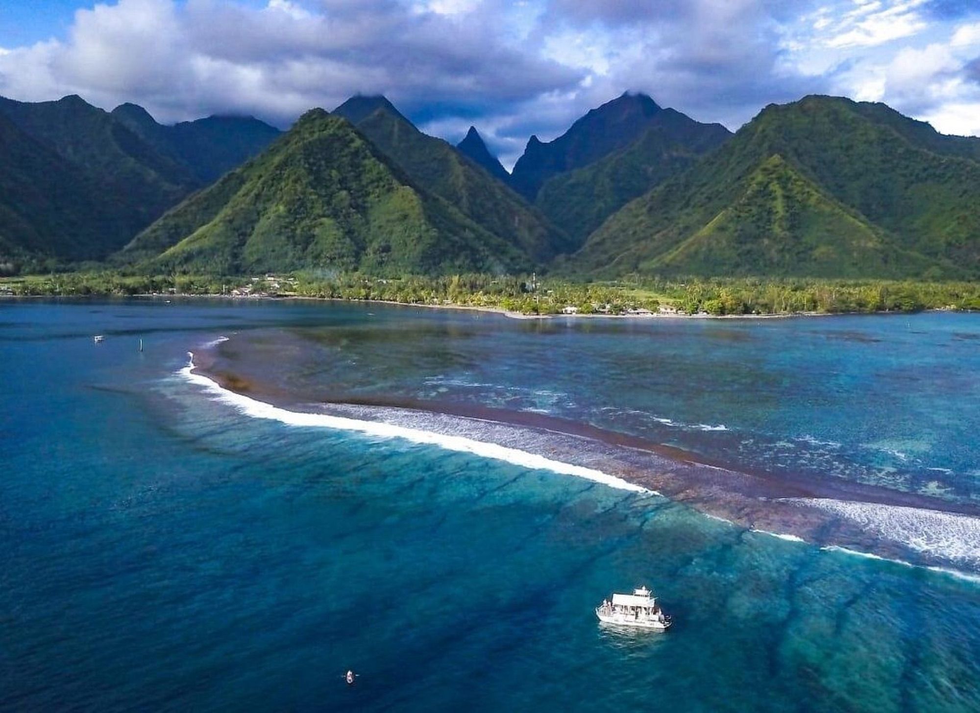 Aerial view of the reef pass at Teahupo'o, Tahiti